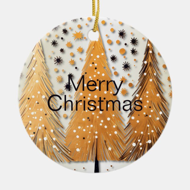 Golden Christmas Trees Shiny Snowflakes Holidays Ceramic Ornament (Front)