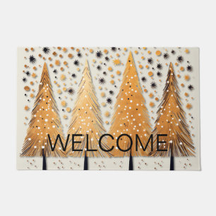 Golden Christmas Trees Shiny Snowflakes Holidays Doormat