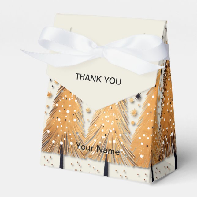 Golden Christmas Trees Shiny Snowflakes Holidays Favour Box (Front Side)