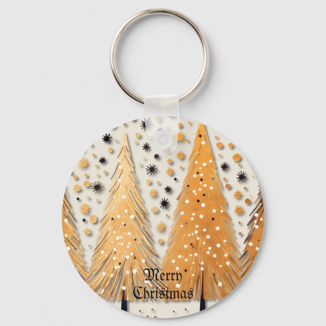 Golden Christmas Trees Shiny Snowflakes Holidays Key Ring (Front)