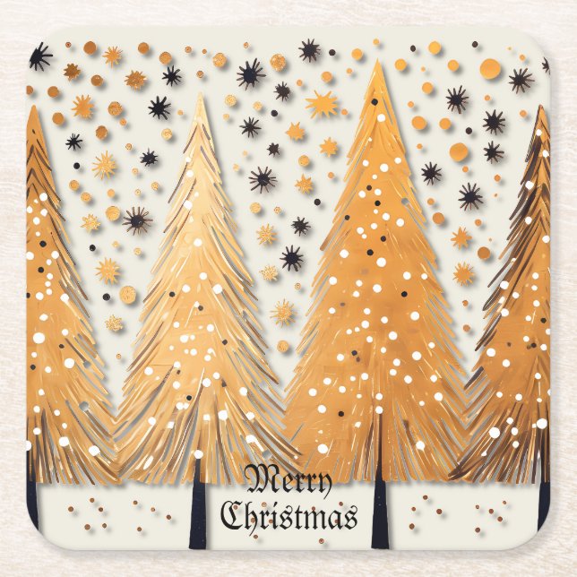 Golden Christmas Trees Shiny Snowflakes Holidays Square Paper Coaster (Front)