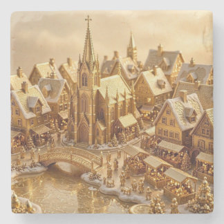 Golden Christmas Village Cathedral Market Scene Stone Coaster