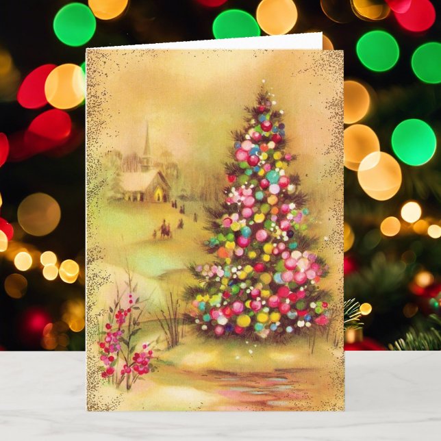 Golden Christmas Vintage Scene Merry & Bright Holiday Card (Creator Uploaded)