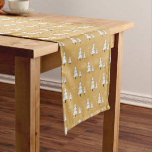 Golden Christmas with pines and snowflakes Short Table Runner