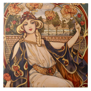 Golden Chrysanthemum Muse – Art Nouveau Floral  Ceramic Tile