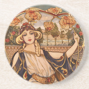 Golden Chrysanthemum Muse – Art Nouveau Floral  Coaster