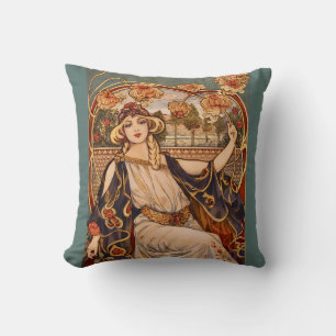 Golden Chrysanthemum Muse – Art Nouveau Floral  Cushion