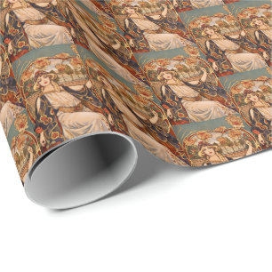Golden Chrysanthemum Muse – Art Nouveau Floral  Wrapping Paper