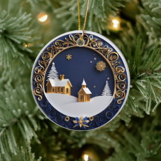 Golden Churches Paper-Cut Style Starry Night Ceramic Ornament