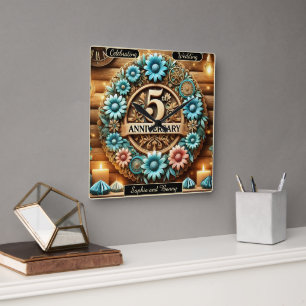 Golden Circle: Fifth Anniversary Floral Creation Square Wall Clock