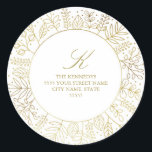Golden Circle Winter Foliage Return Address Sticke Classic Round Sticker<br><div class="desc">A gorgeous Christmas return address label in a round shape with pretty leaves and branches in shiny gold faux foil.  Click on customise it to add a colour to the background. Matching Christmas photo card also available.</div>