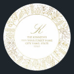Golden Circle Winter Foliage Return Address Sticke Classic Round Sticker<br><div class="desc">A gorgeous Christmas return address label in a round shape with pretty leaves and branches in shiny gold faux foil.  Click on customise it to add a colour to the background. Matching Christmas photo card also available.</div>