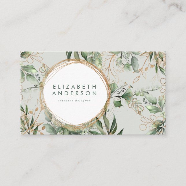 Golden Circles Eucalyptus Elegant Green Sea Glass Business Card (Front)