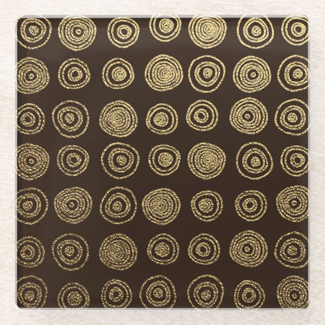Golden Circles: Hand Drawn Pattern Glass Coaster (Front)
