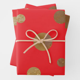 Golden Circles Polka Dots Geometric Red Wrapping Paper Sheet