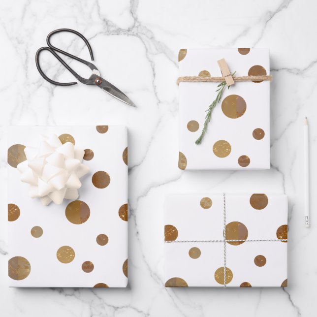 Golden Circles Polka Dots Geometric White Wrapping Paper Sheet (Front)