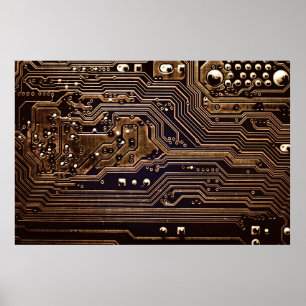 Golden circuit board. Electronic computer hardware Poster
