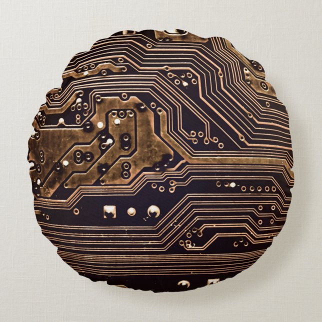 Golden circuit board. Electronic computer hardware Round Cushion (Front)