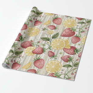 Golden Citrus and Red Strawberries Botanical Wrapping Paper