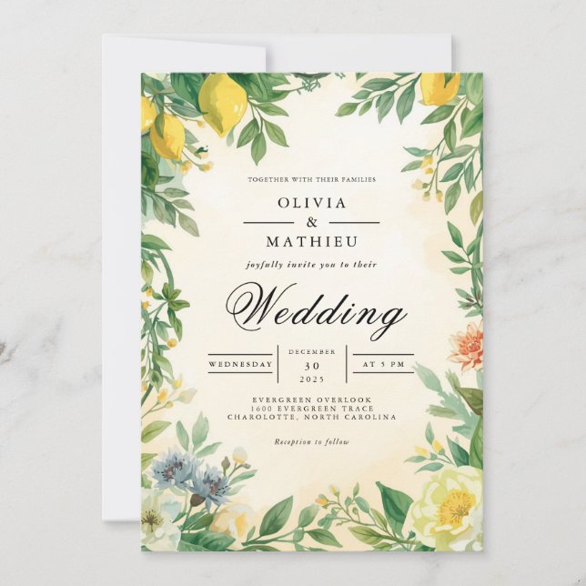 Golden Citrus Blossom Wedding Invitation (Front)