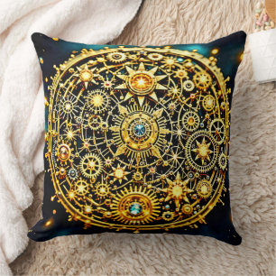 Golden Clockwork Celestial Art Cushion