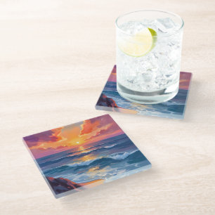 Golden Coast Ocean Sunset Watercolor Painting Glass Coaster