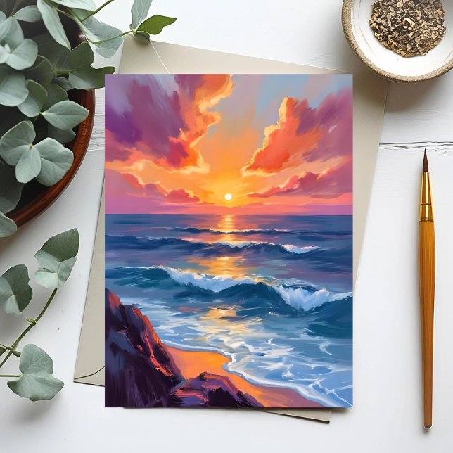 Golden Coast | Ocean Sunset Watercolor Painting Postcard (Creator Uploaded)