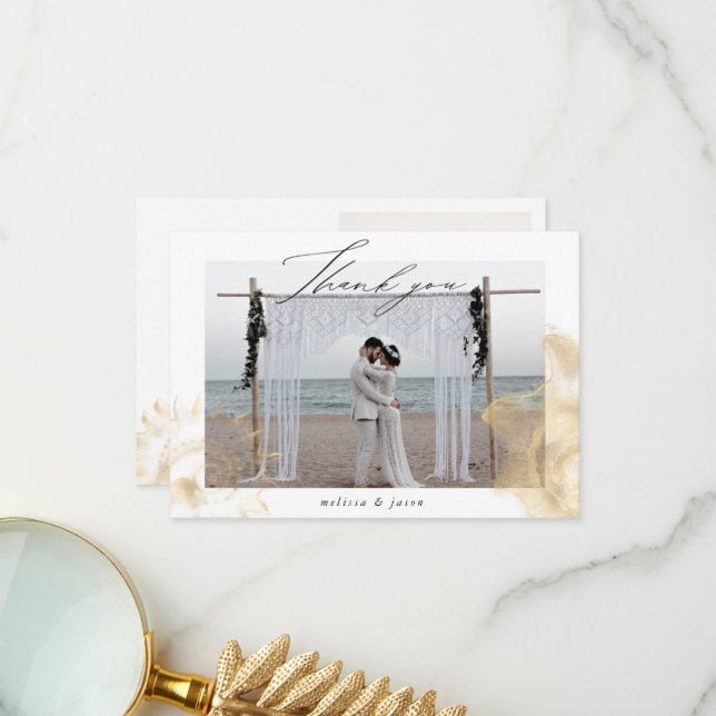Golden Coastal Two Photo Wedding  Thank You Card (Front/Back In Situ)