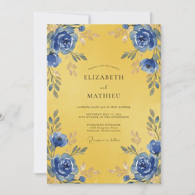 Golden Cobalt Blossom Wedding Invitation (Front)