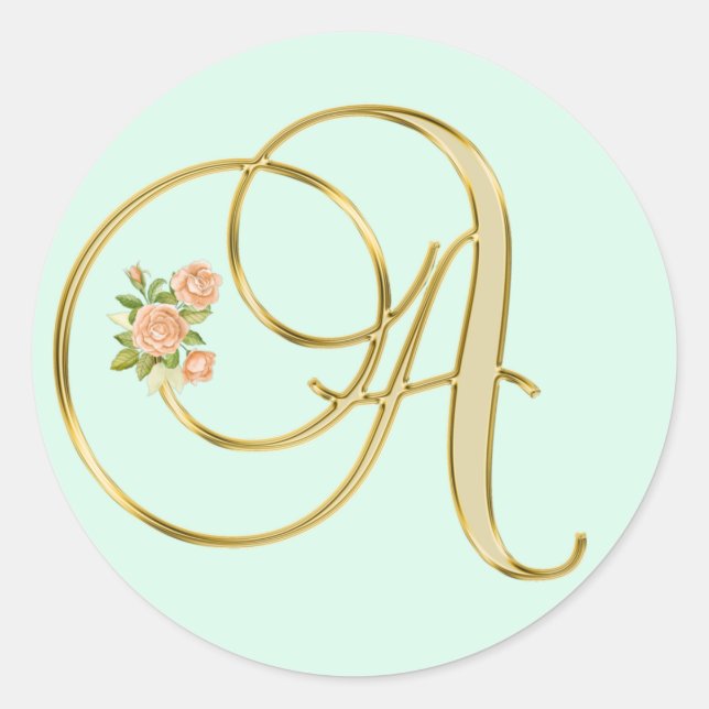 Golden Colour Floral Monogram Letter A Mint  Classic Round Sticker (Front)