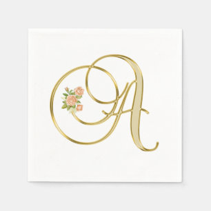 Golden Colour Floral Monogram Letter A  Napkin
