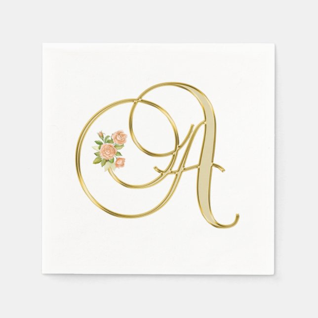 Golden Colour Floral Monogram Letter A  Napkin (Front)