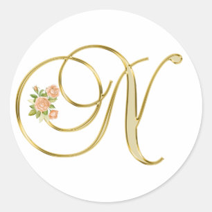 Golden Colour Floral Monogram Letter N    Classic Round Sticker