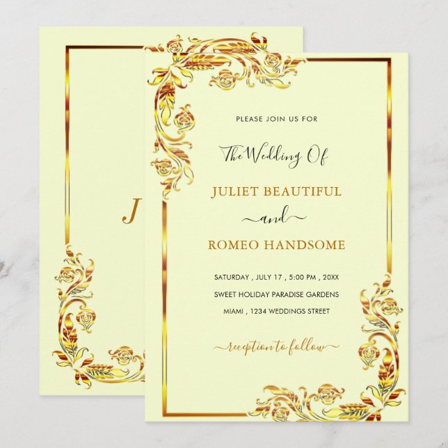 Golden Colour Wedding Invitation Gold Floral Frame (Front/Back)