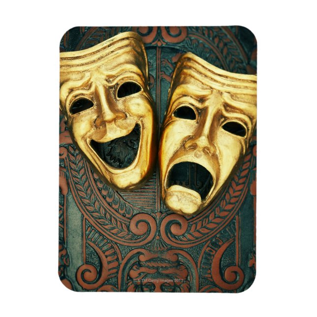 Golden comedy and tragedy masks on patterned magnet (Vertical)