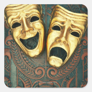 Golden comedy and tragedy masks on patterned square sticker