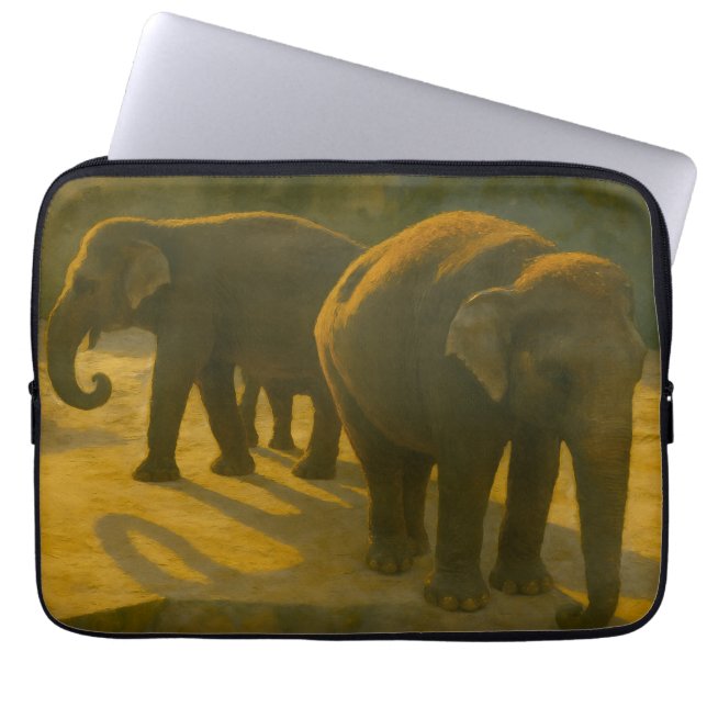 Golden Companions – Elephant Trio in Warm Light Laptop Sleeve (Front)