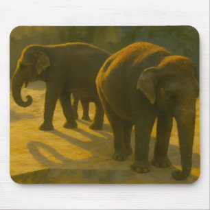 Golden Companions – Elephant Trio in Warm Light Mouse Pad