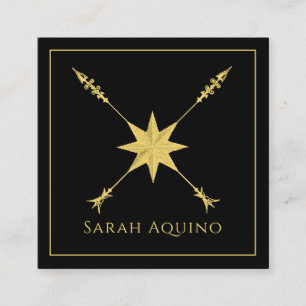 Golden Compass Rose And Arrow On Black Square Business Card