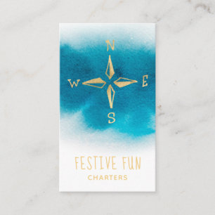 *~* Golden Compass Sea Beach Ocean White Teal Blue Business Card