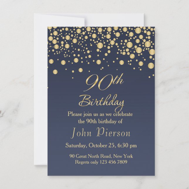 Golden confetti 90th Birthday Party Invitation (Front)