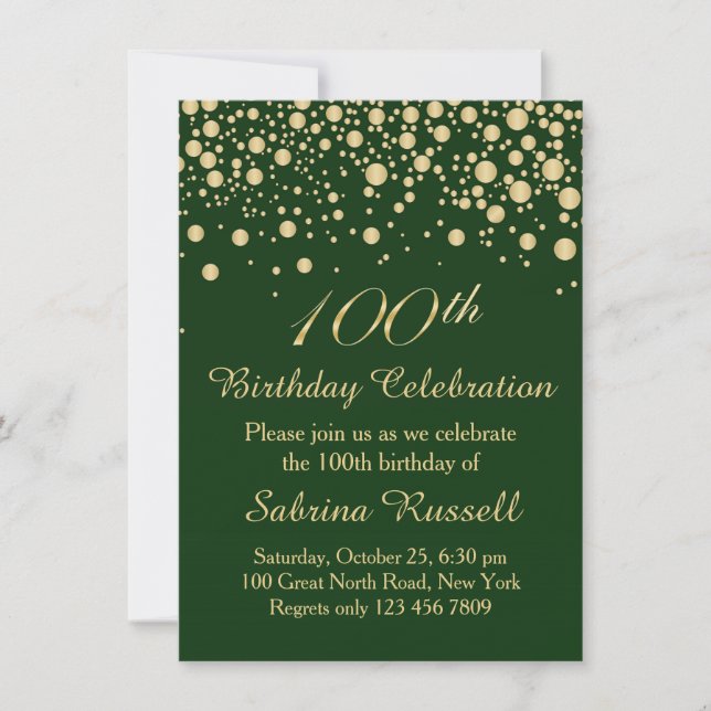 Golden confetti, dark green 100 Birthday party Invitation (Front)