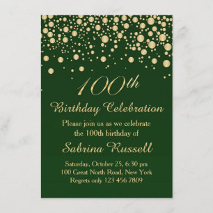 Golden confetti, dark green 100 Birthday party Invitation