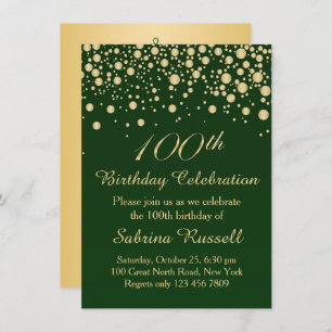 Golden confetti, dark green 100 Birthday party Invitation