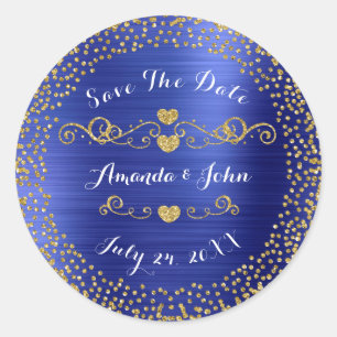 Golden Confetti Glitter Save the Date Cobalt Blue Classic Round Sticker