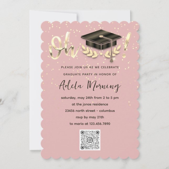 Golden Confetti Graduate Party QR Code Blush Invitation (Front)