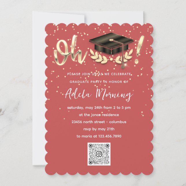 Golden Confetti Graduate Party QR Code Coral Invitation (Front)