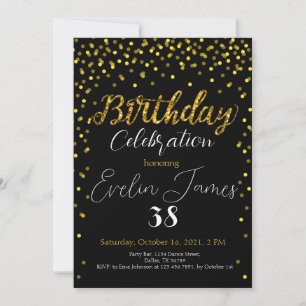 Golden Confetti Invitation, Gold Birthday Party  Invitation