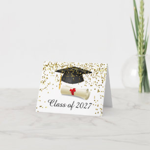 Golden confetti, mortar, diploma Graduation Card