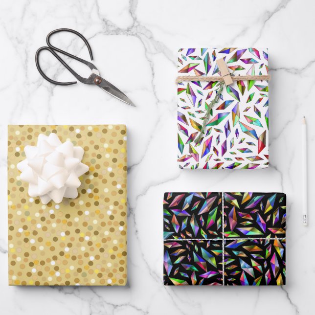 Golden Confetti & Multicolored Gems Wrapping Paper Sheet (Front)